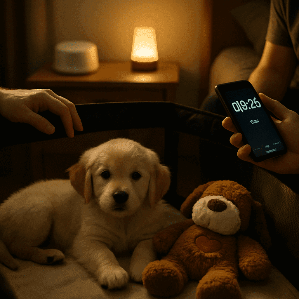 PuppyLaunch featured image – Puppy Playpen Training: The 3-Day Reset Plan to Make the Pen Feel Safe and Stop the Crying Puppy resting calmly in playpen with heartbeat toy and white noise machine, owner nearby with timer, nighttime bedroom setting.