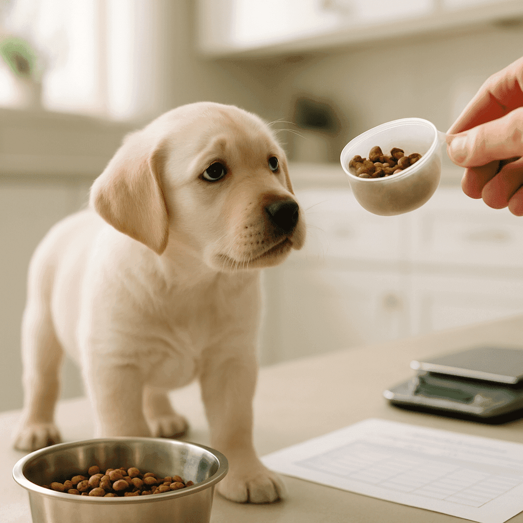 PuppyLaunch featured image – Puppy Feeding Schedule By Age: The Beginner Puppy Day Builder for Meals, Water & Treats Young puppy beside a food bowl, a small scale, and a daily feeding chart in a kitchen, showing calm meal planning guidance for new owners.