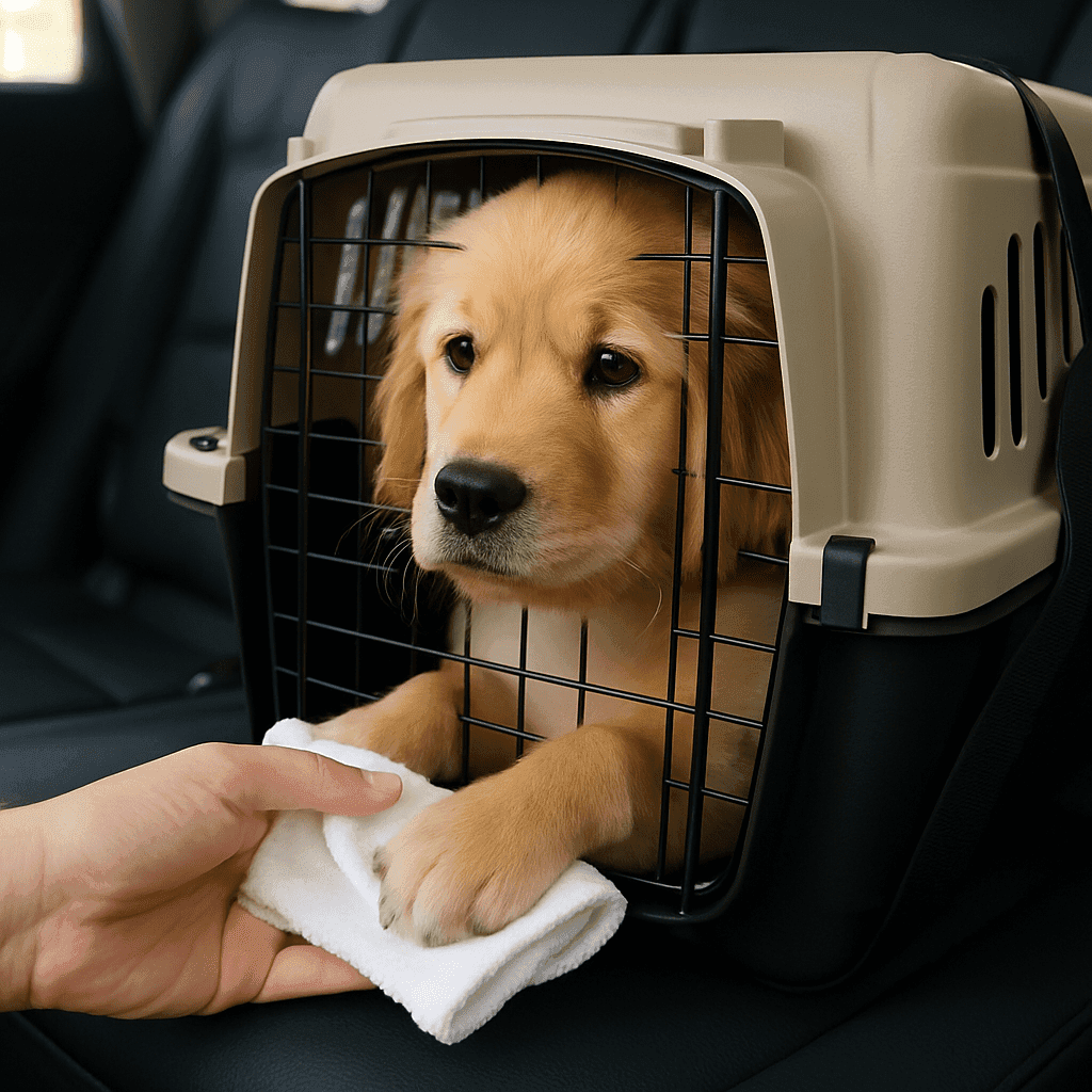 PuppyLaunch featured image – Puppy Car Sickness on the First Ride: Safe Prep And What To Do Young puppy in a car carrier with an owners hand offering a cool damp cloth to soothe motion sickness during a calm first ride home.