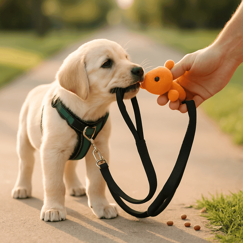 PuppyLaunch featured image – Puppy Keeps Biting the Leash on Walks: A Step-by-Step Redirect Plan for First-Time Owners Puppy on a walk reaching for the leash while an owner calmly offers a trade toy and a few small treats lie on the ground as a redirect technique.