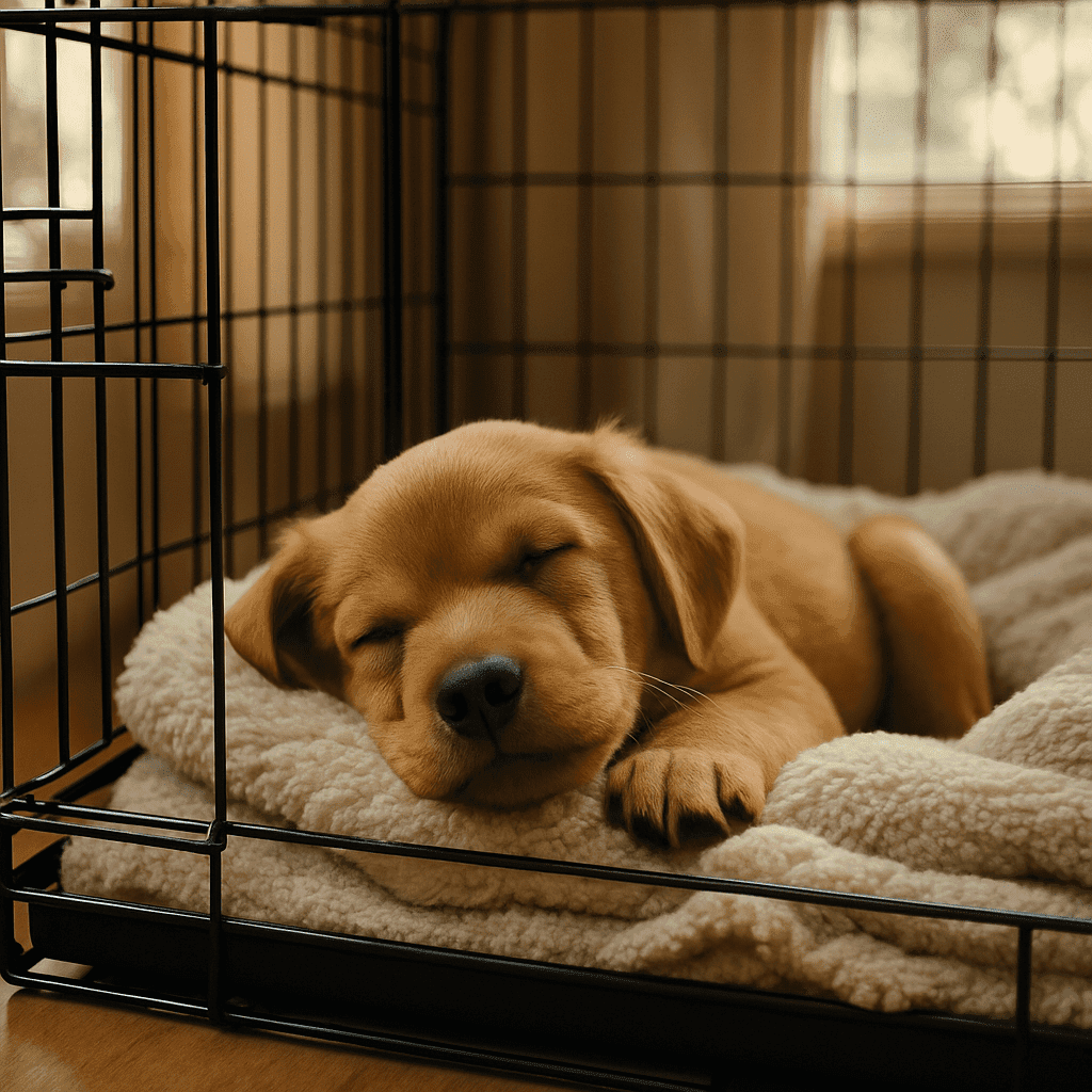 PuppyLaunch featured image – Puppy Wakes at 3 AM Demanding a Treat for Potty? A 3-Day Crate Sleep Reset Plan for Exhausted Owners Young puppy resting peacefully in a crate with natural light.