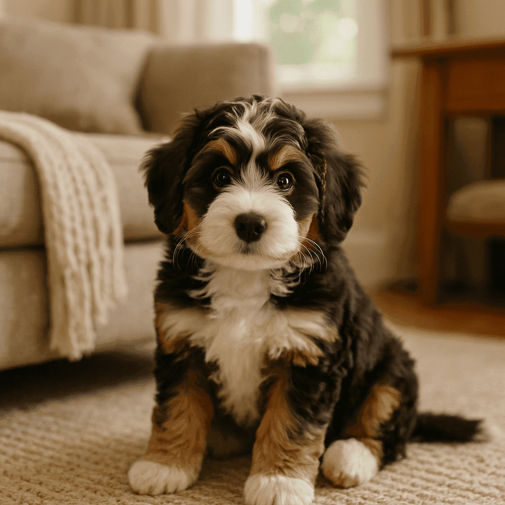 PuppyLaunch featured image – Mini Bernedoodle Puppy Has a Big Crate – Is That OK? A 3-Night Sleep Reset Plan for Exhausted First-Time Owners A young Mini Bernedoodle puppy in a cozy home environment.