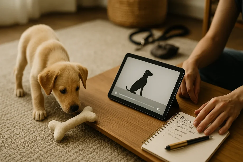 PuppyLaunch featured image – Why Puppy Training Isnt Easy: Avoiding Misleading Online Tutorials Young puppy puppy-owner action that clearly represents the articles exact problem in believable lived-in home with layered depth.