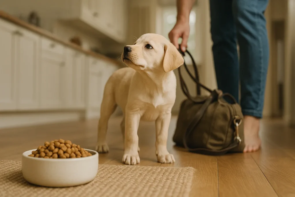 PuppyLaunch featured image – Puppy Refusing to Eat After Boarding A young cream Labrador-mix puppy stands beside an untouched kibble bowl on a wood floor, head turned away, with a boarding travel bag and leash nearby in soft daylight, illustratin