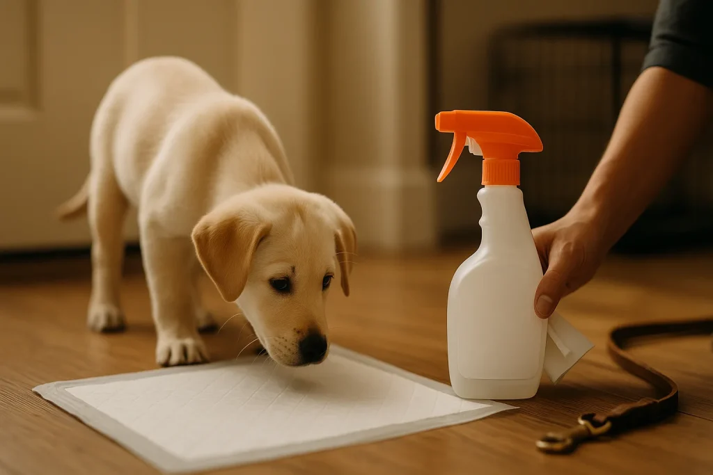 PuppyLaunch featured image – Puppy Scared to Pee Outside: A Step-by-Step Confidence Plan Young puppy near the back door while an owner records and manages a potty-training accident.